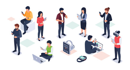 Isometric people and gadgets. Young men and women characters with smartphones and gadgets. Vector modern freelance business people on white background