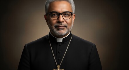 Portrait of a mature bishop wearing a cassock and cross necklace. Great for religious events, theological studies, church leadership, and interfaith dialogue. Christian leader.