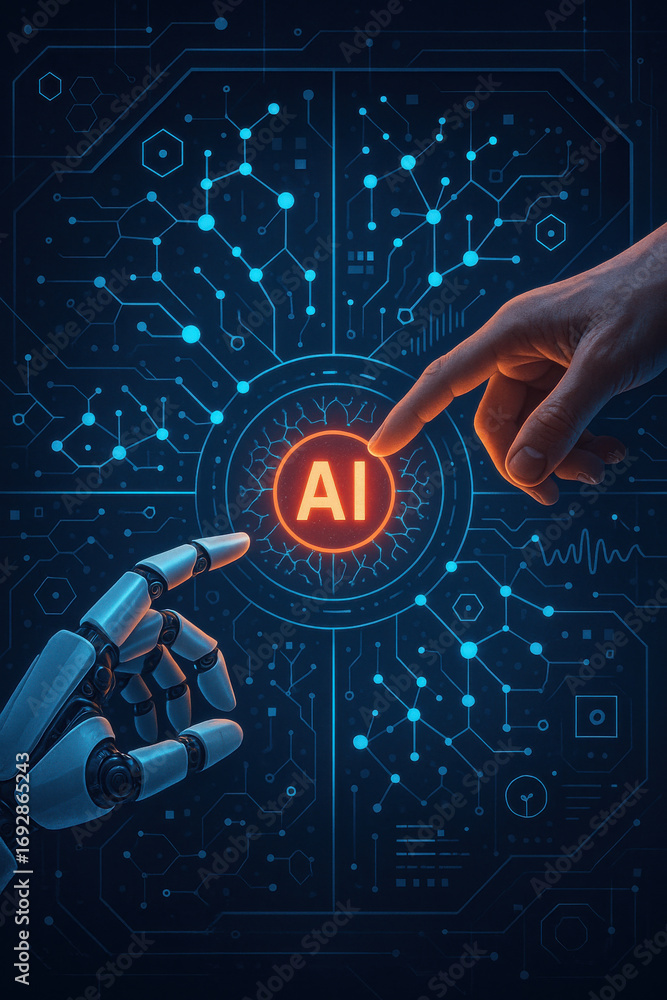 Poster artificial intelligence concept with human and robot finger touching glowing ai icon