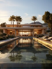 Fototapeta premium Luxury home with a pool and palm trees reflecting in the water on a sunny day with mountains behind
