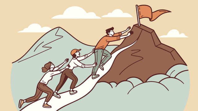 Diverse team collaborates on a challenging mountain climb reaching the summit with a flag symbolizing success and achievement overcoming obstacles together