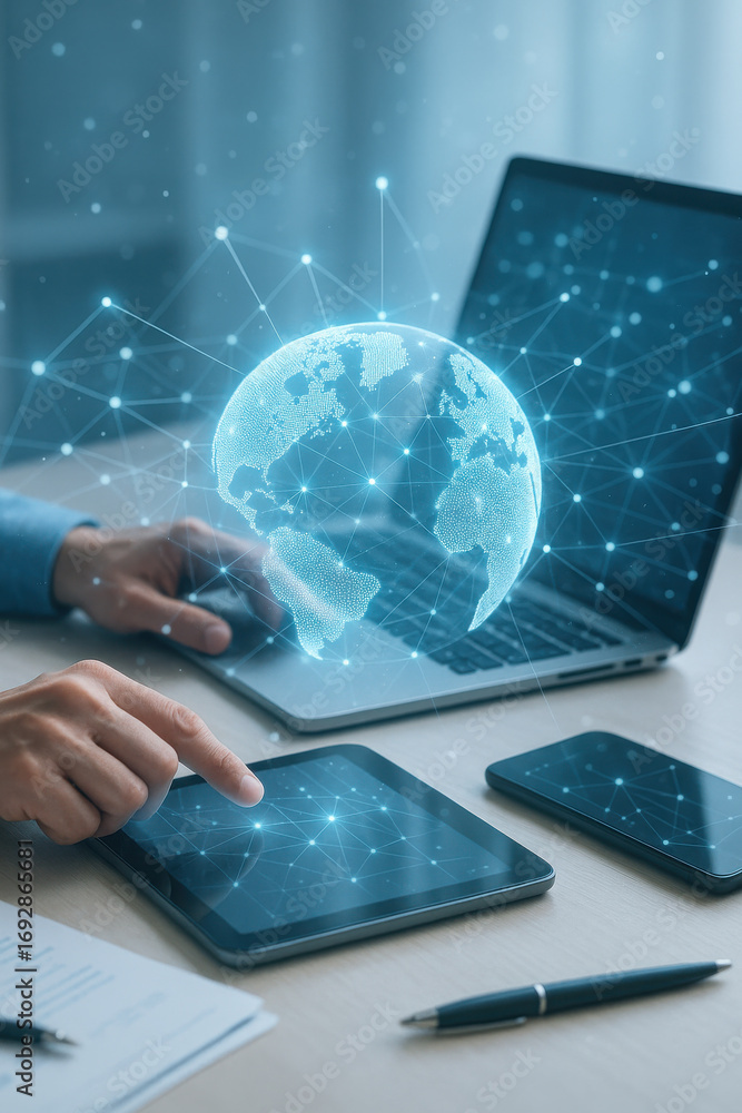 Aufkleber digital globe projection above tablet with connected network on laptop and smartphone