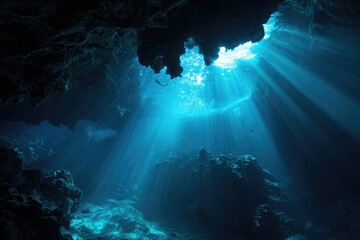 Sunlight streams into a deep underwater cave