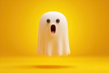 3D Ghost Emoji with Expressive Face on Bright Yellow Background