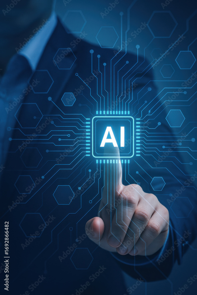 Poster artificial intelligence concept with hand pointing on digital chip interface