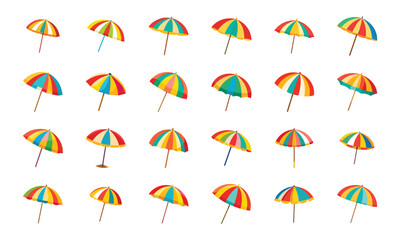 Colorful Travel and Vacation Icons Set with Anchor, Umbrella, Bed, Camper Van, Car Rental, Cruise Ship, Hotel, Lighthouse, Motel, Restaurant, Taxi and Yacht Illustrations