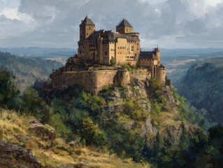 Explore a stunning medieval castle perched atop a majestic mountain, surrounded by lush forests and breathtaking panoramic views
