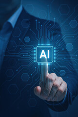 Artificial intelligence concept with hand pointing on digital chip interface