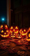 Obraz premium Glowing jack-o'-lanterns on a porch at night.