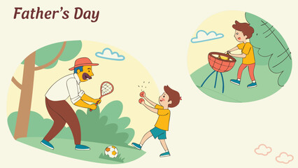 Happy Father's Day: Cartoon Dad and Son Playing and Grilling Outdoors