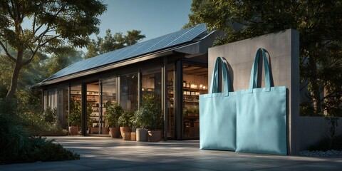 Reusable shopping bags leaning against wall outside sustainable store with solar panels