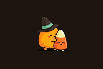 Adorable Pumpkin Character with Witch Hat Hugging Candy Corn Vector