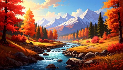 A colorful illustration capturing a serene autumn scene. Vivid red and orange foliage frames a flowing river leading to snow-capped mountains under a bright sunny sky dotted with clouds.