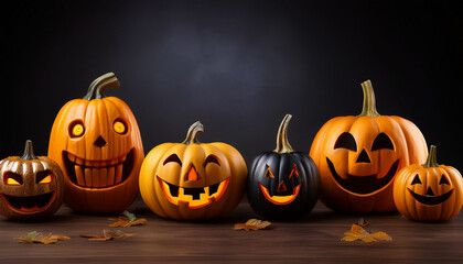 variety of halloween pumpkins with different expressions displayed on a dark background during the festive season