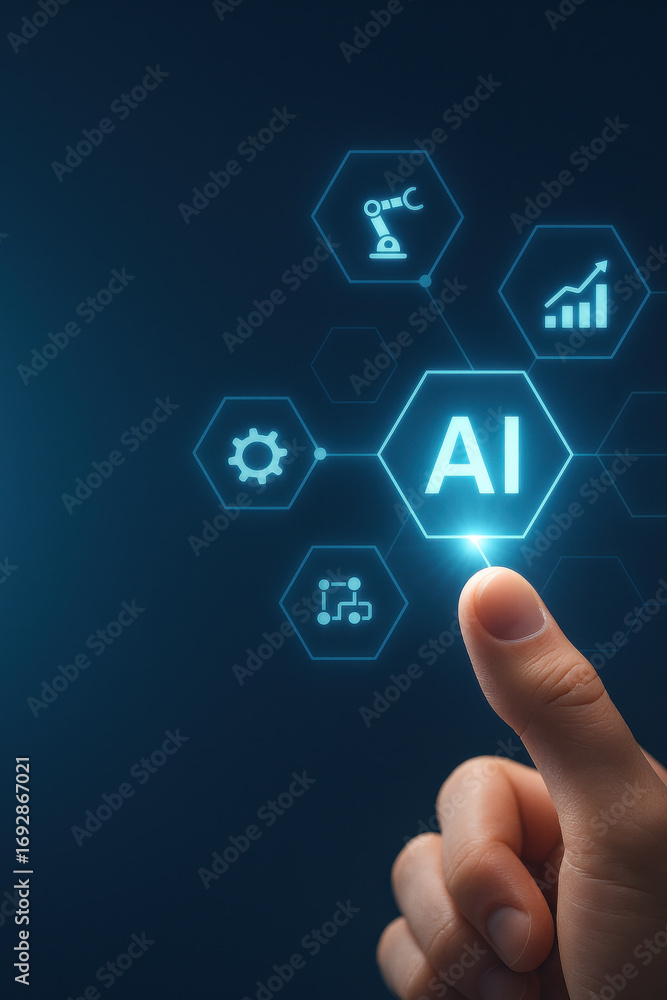 Poster artificial intelligence concept with finger pointing on glowing ai icon and technology symbols