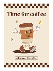 Retro cartoon walking smiled Coffee cup mascot character surrounded by smiled elements and motivation lettering.