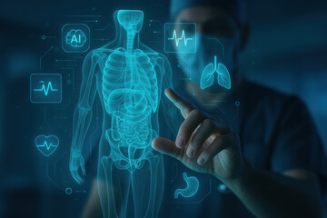 Human anatomy digital interface with medical icons and doctor hand interaction