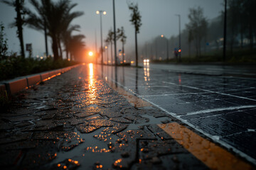 A bicycle on a wet, solar-paneled road, a concept for eco-friendly commuting. This image represents sustainable transportation, a healthy lifestyle, and green energy technology.