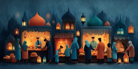 Muslim people shopping for food at night market during ramadan