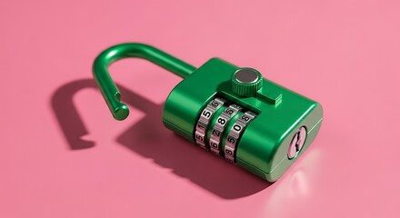 Green Combination Lock Unlocked on a Pink Background