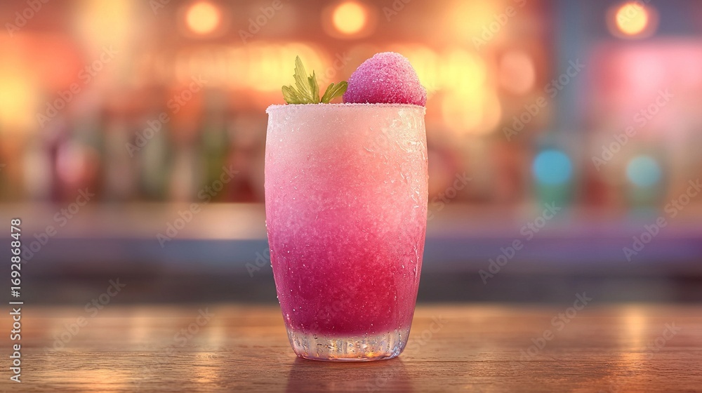 Aufkleber a drink in a glass on a table with a distinct storefront in the background