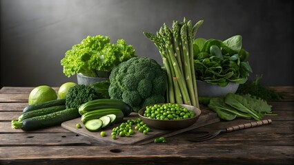 Fresh green vegetables including broccoli, asparagus, peas, cucumbers, and leafy greens arranged on a rustic wooden table.