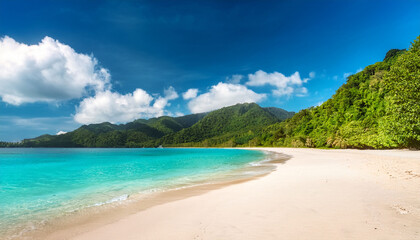Fototapeta premium Pristine Tropical Beach With White Sand Calm Turquoise Water And Lush Green Mountains In Background