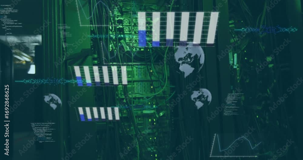 Aufkleber steady camera panning data center aisle initiating server rack charts sliding in visualizing growth