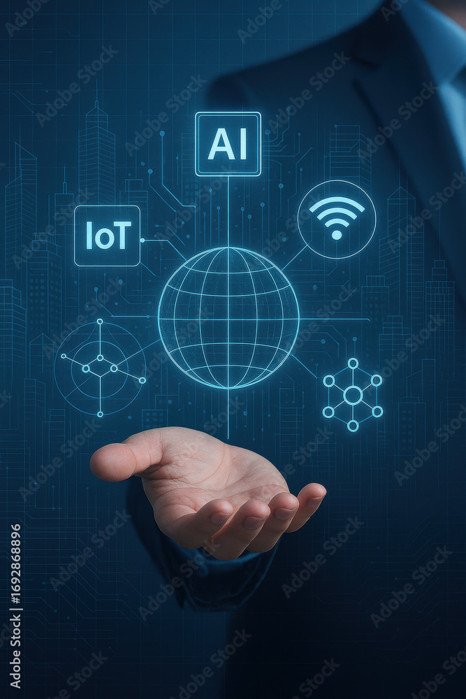 Poster artificial intelligence and iot technology concept with digital network icons above hand