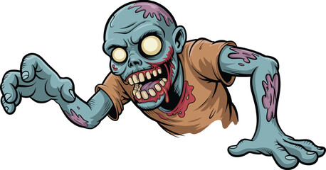 Cartoon zombie character illustration, creepy undead monster, horror Halloween design, scary blue-skinned creature, glowing eyes, aggressive pose, undead horror figure, spooky Halloween art
