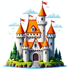 Obraz premium Enchanted Castle in Forest with Orange Roofs and Red Flags