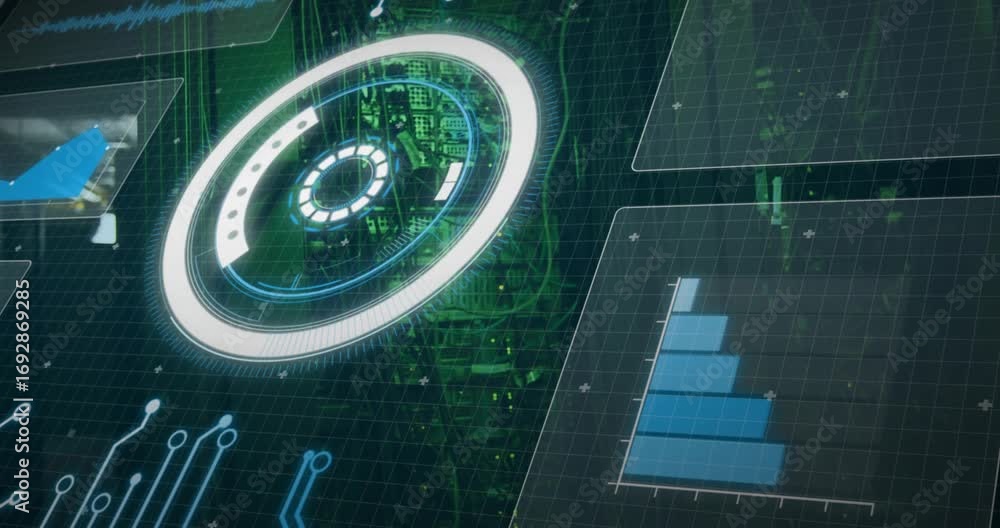 Poster upon translucent panels appearing ring rotating revealing circuits while bars ascending monitoring