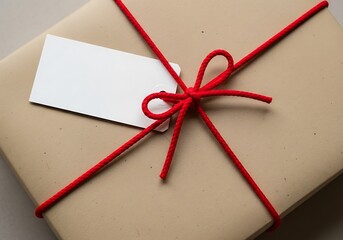 Hadiah menawan yang dibungkus kertas kraft dengan tali merah cerah dan label kosong untuk pesan pribadi Anda