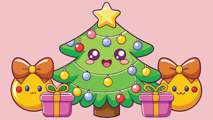 Obraz premium Cute kawaii christmas tree with adorable yellow chick characters and gifts festive holiday celebration