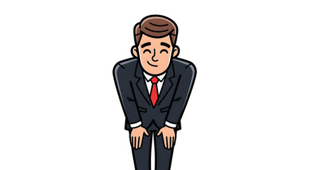 Obraz premium Polite businessman in a formal suit making a deep bow. A friendly gesture of greeting, respect, or apology in Asian culture, vector illustration