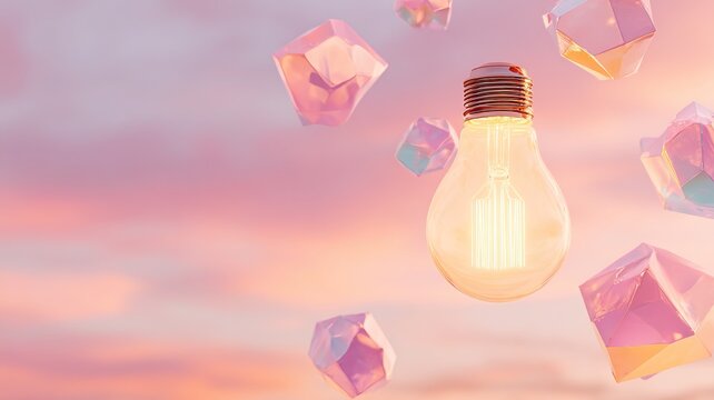 Creative concept glowing lightbulb with floating transparent geometric forms, symbolizing innovative thinking technology inspiration