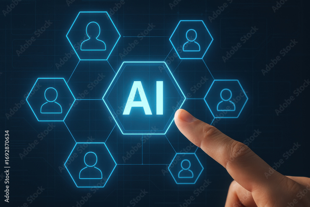 Poster artificial intelligence concept with finger pointing on digital interface