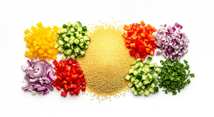 A vibrant assortment of finely chopped fresh vegetables including yellow bell pepper, cucumber, red bell pepper, red onion, and parsley, surrounding a central pile of couscous.