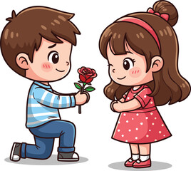 Cartoon boy giving rose to girl in polka dot dress, romantic moment, cute couple, love, valentine, children illustration