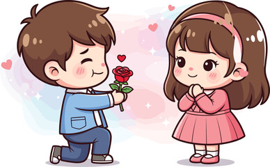 Cute cartoon couple in romantic moment with rose, hearts, pastel background, Valentine's Day love illustration for greeting card design