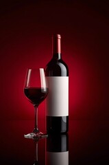 Elegant red wine bottle and glass presented on a glossy surface with rich red backdrop