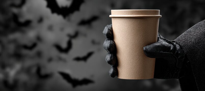 Halloween-Themed Paper Coffee Cup Mockup with Witch Glove and Bats
