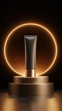Sleek black tube stands prominently circular pedestal, illuminated by warm golden gradient arc dark setting, creating striking visual contrast. elegant design evokes sense of luxury