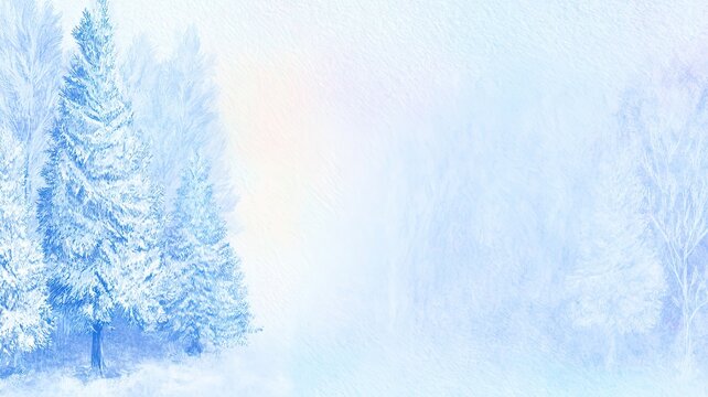 Left-positioned watercolor winter forest with right negative space, soft blue mist and warm light effect for banner use - Powered by Adobe