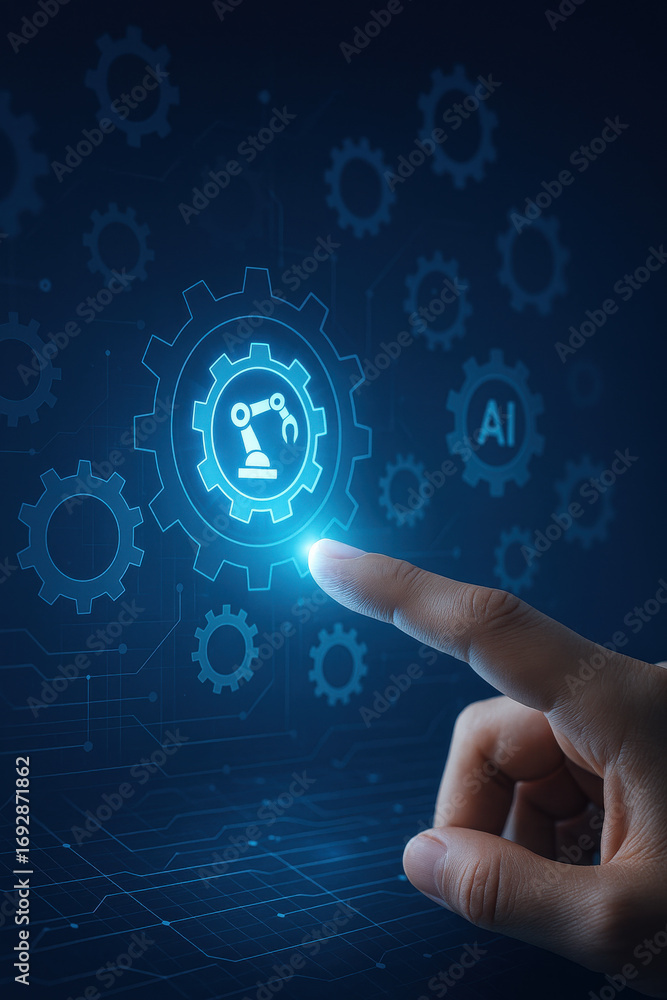 Poster artificial intelligence and automation concept with robotic arm icon and finger touch