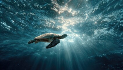 Naklejka premium Sea turtle swimming underwater, sunbeams