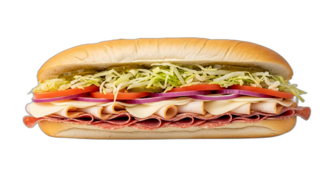 A fully loaded sub sandwich on a black background