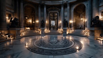 Obraz premium Grand, circular hall, bathed in candlelight. Ornate columns, statues, and steps lead to a central mosaic