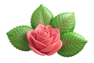 3d render of a pink rose with green leaves