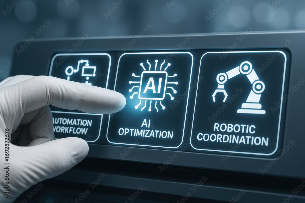 Poster ai optimization technology concept with finger pointing on touchscreen panel